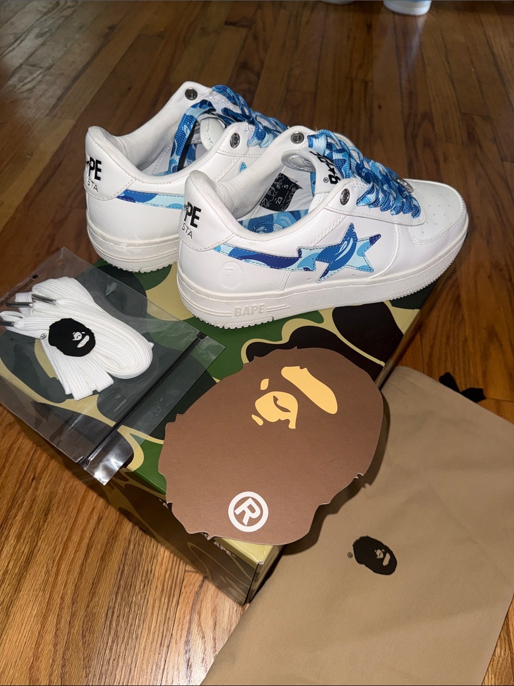 Bape Kids White Sneakers with Blue Camo Star Accents